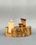 Woodland House Candle Holder – Rustic Tree Slice Base with Miniature House Details