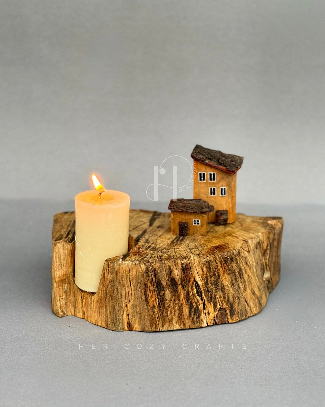 Woodland House Candle Holder – Rustic Tree Slice Base with Miniature House Details