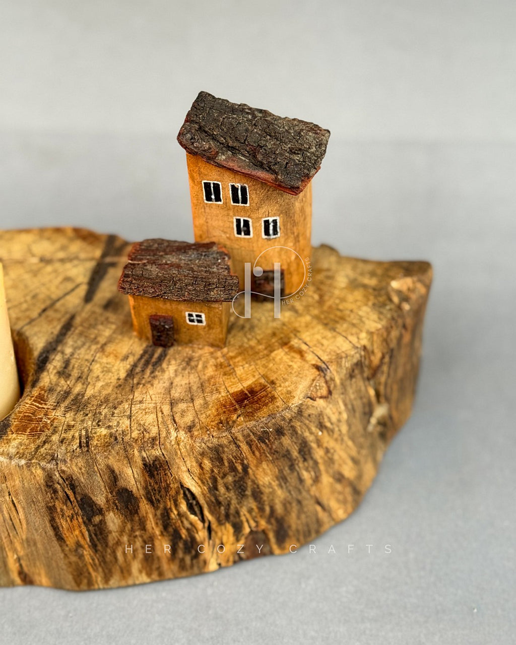 Woodland House Candle Holder – Rustic Tree Slice Base with Miniature House Details