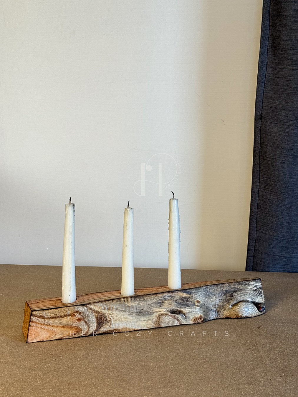 Three-Candle Wooden Holder – Rustic Reclaimed Wood Base with Taper Candle Slots