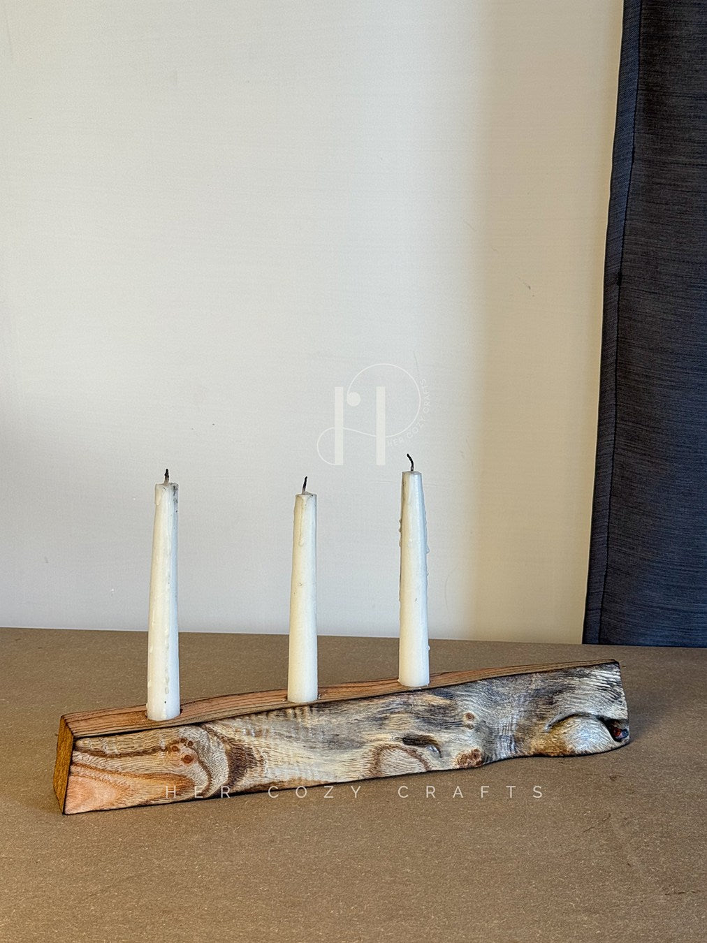 Three-Candle Wooden Holder – Rustic Reclaimed Wood Base with Taper Candle Slots