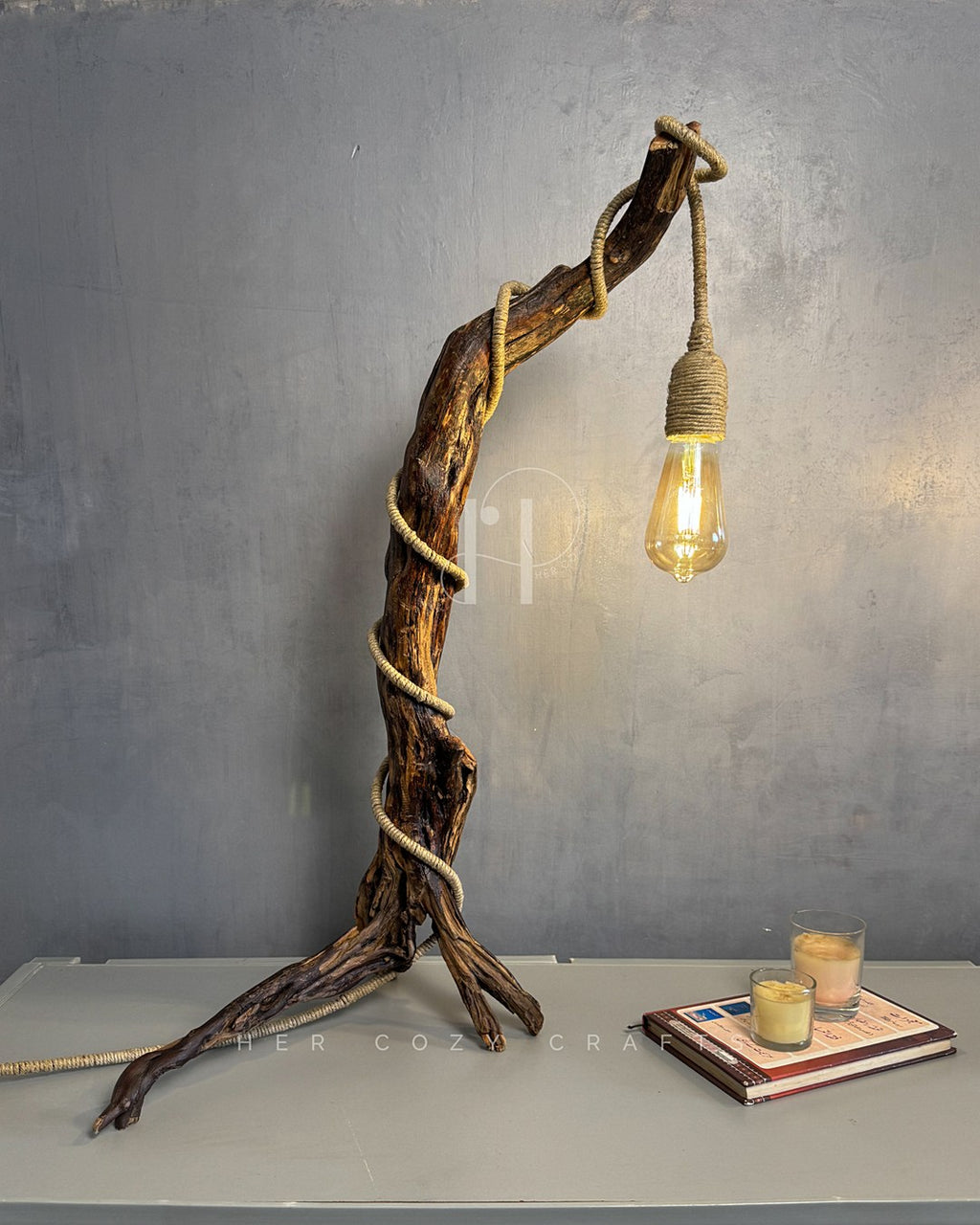 Rope Branch Lamp - Natural Driftwood Frame with Jute-Wrapped Hanging Bulb