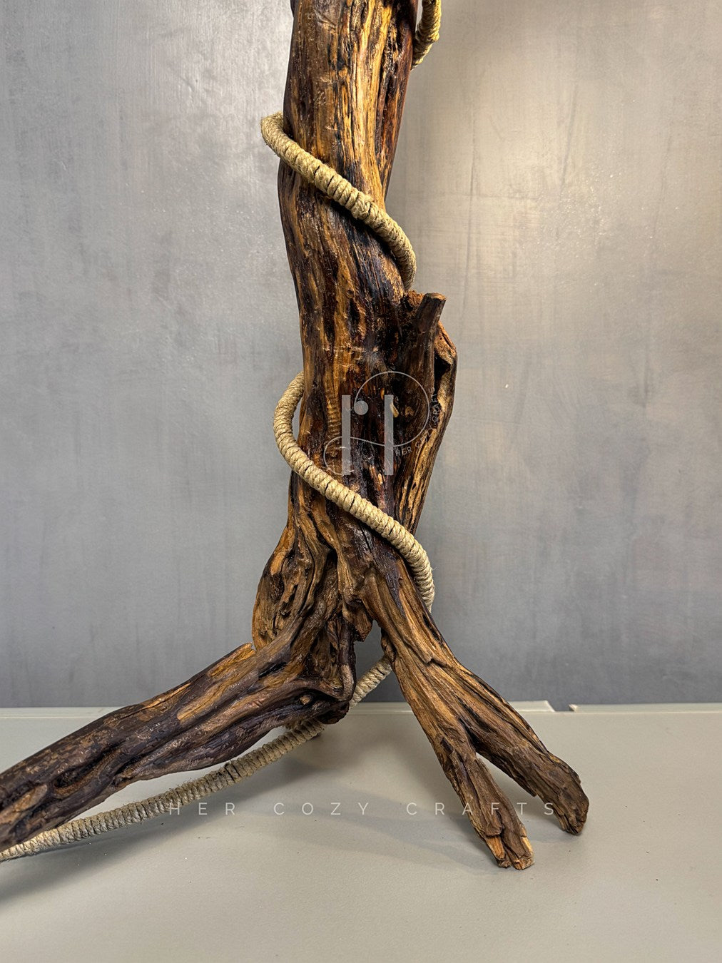 Rope Branch Lamp - Natural Driftwood Frame with Jute-Wrapped Hanging Bulb