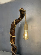Rope Branch Lamp - Natural Driftwood Frame with Jute-Wrapped Hanging Bulb