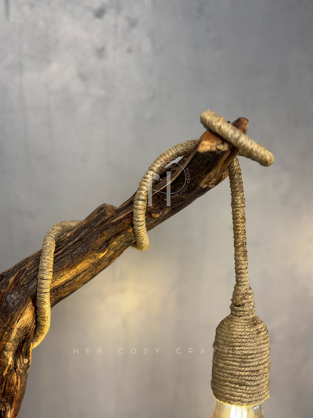 Rope Branch Lamp - Natural Driftwood Frame with Jute-Wrapped Hanging Bulb