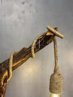 Rope Branch Lamp - Natural Driftwood Frame with Jute-Wrapped Hanging Bulb