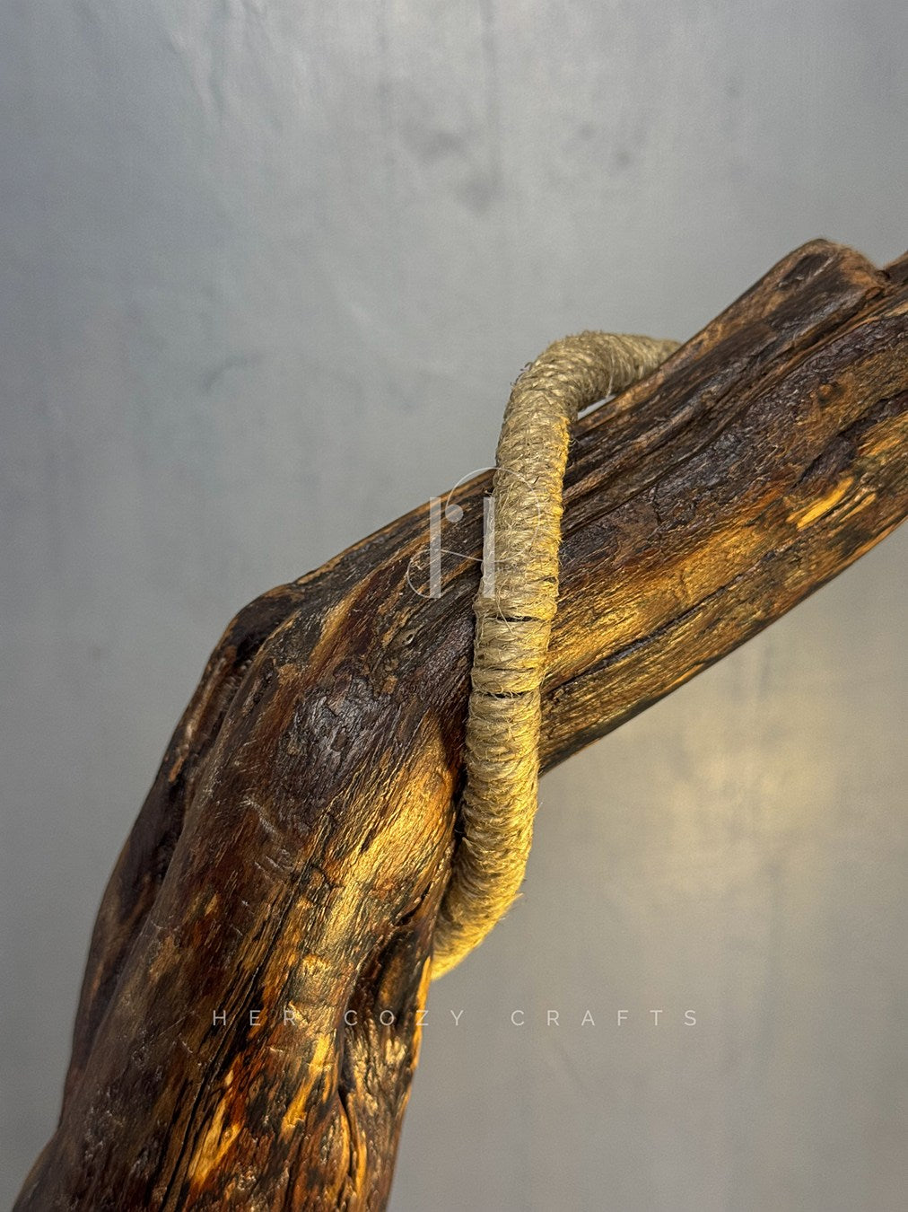 Rope Branch Lamp - Natural Driftwood Frame with Jute-Wrapped Hanging Bulb