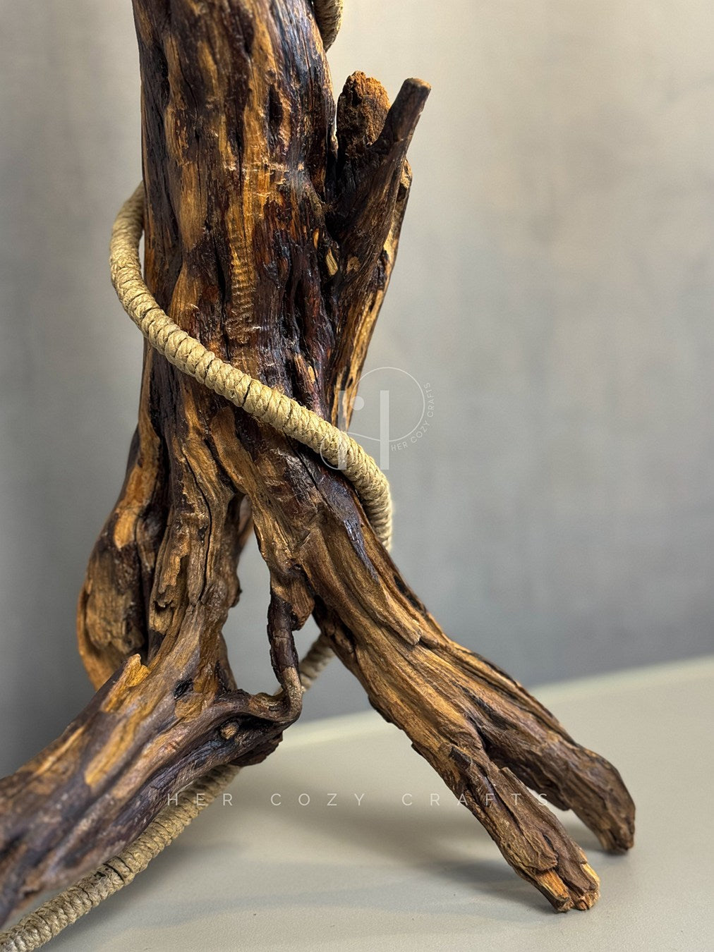 Rope Branch Lamp - Natural Driftwood Frame with Jute-Wrapped Hanging Bulb