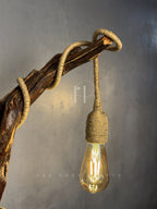 Rope Branch Lamp - Natural Driftwood Frame with Jute-Wrapped Hanging Bulb