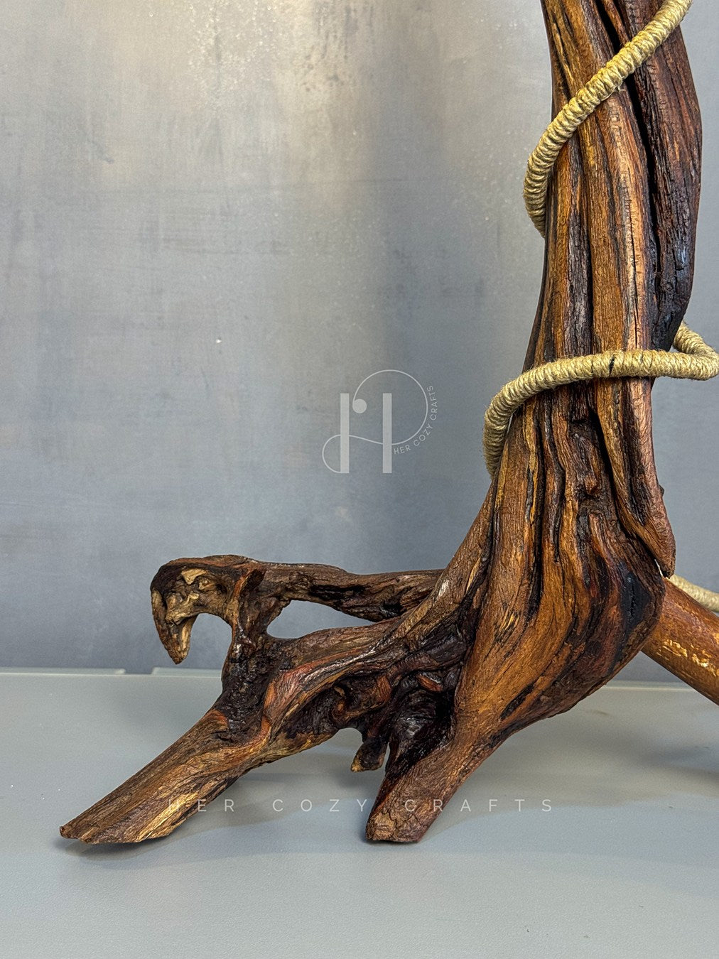 Rope Branch Lamp - Natural Driftwood Frame with Jute-Wrapped Hanging Bulb