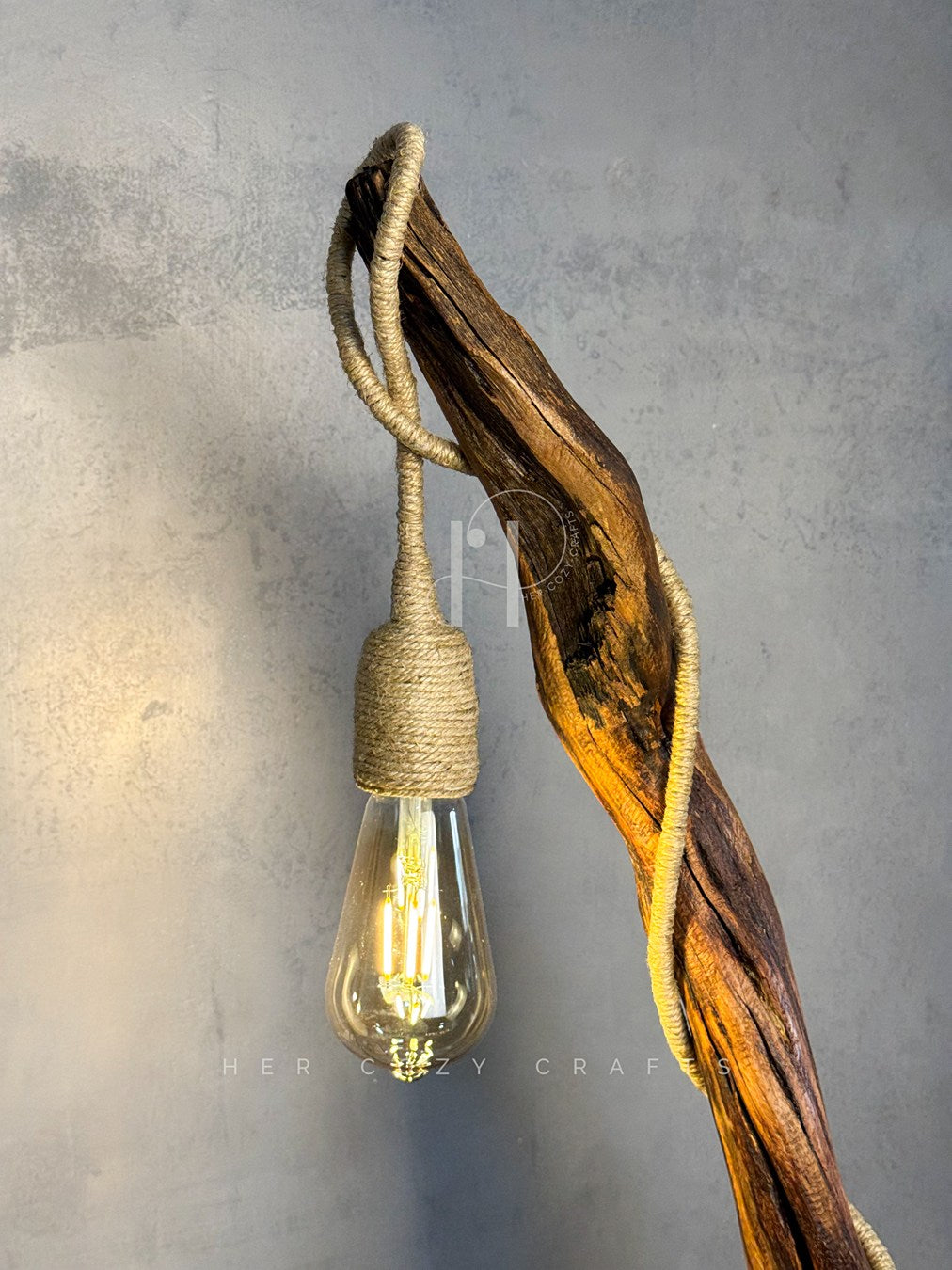 Driftwood Arc Lamp – Natural Branch with Jute-Wrapped Hanging Bulb