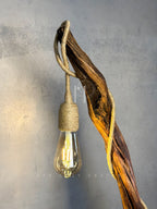 Driftwood Arc Lamp – Natural Branch with Jute-Wrapped Hanging Bulb