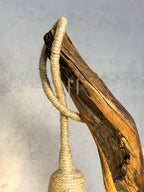 Driftwood Arc Lamp – Natural Branch with Jute-Wrapped Hanging Bulb