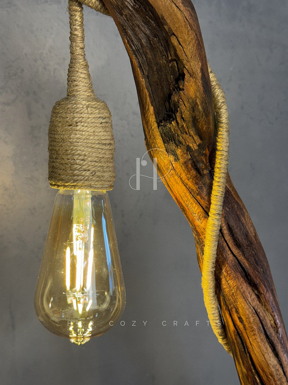 Driftwood Arc Lamp – Natural Branch with Jute-Wrapped Hanging Bulb