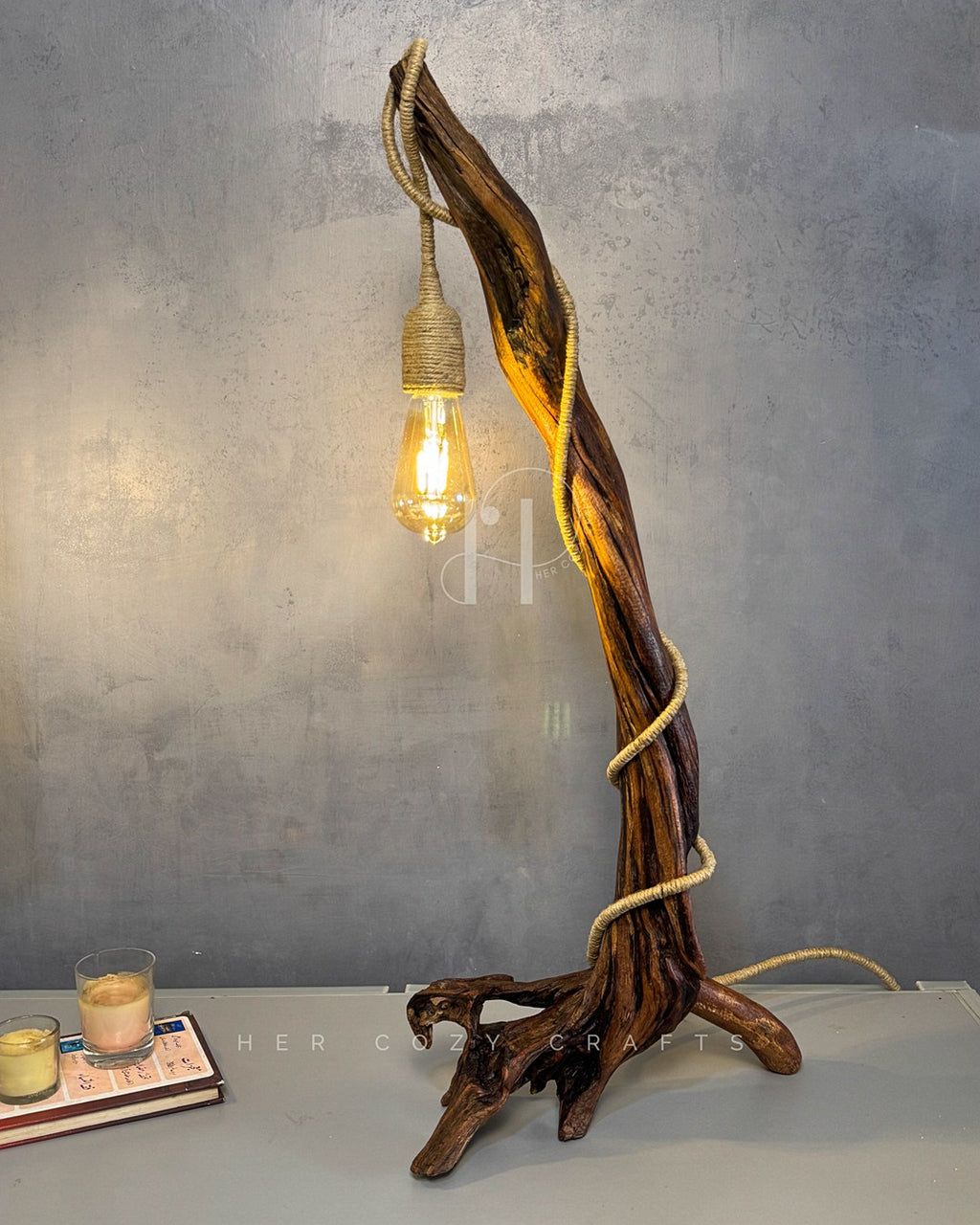 Driftwood Arc Lamp – Natural Branch with Jute-Wrapped Hanging Bulb