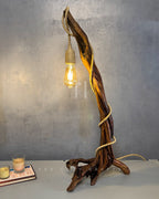 Driftwood Arc Lamp – Natural Branch with Jute-Wrapped Hanging Bulb