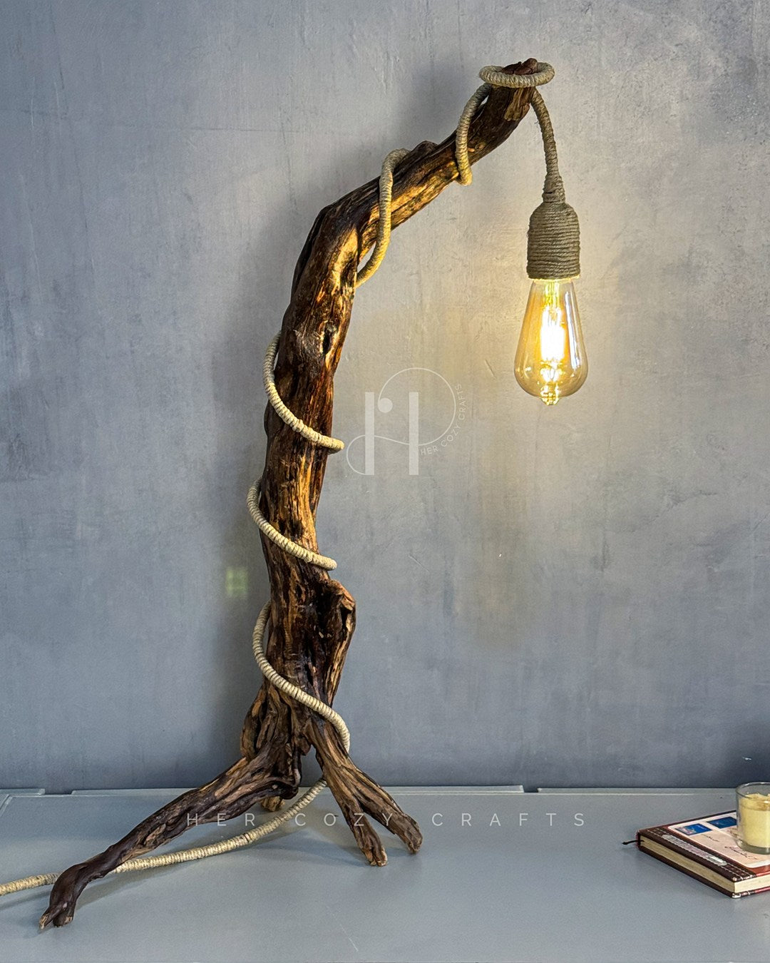 Rope Branch Lamp - Natural Driftwood Frame with Jute-Wrapped Hanging Bulb