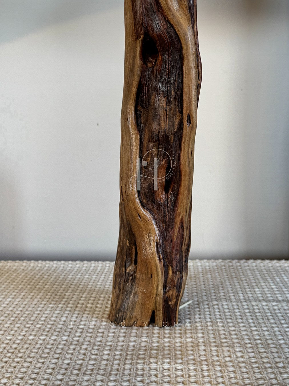 Natural Wood Column Lamp – Rustic Wooden Base with Linen Shade