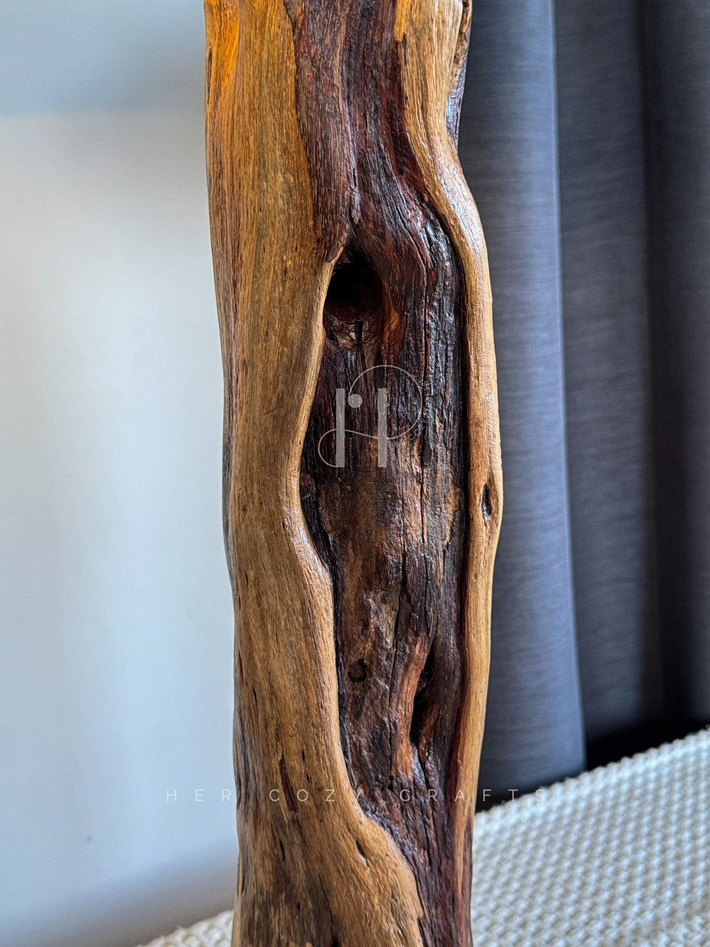 Natural Wood Column Lamp – Rustic Wooden Base with Linen Shade