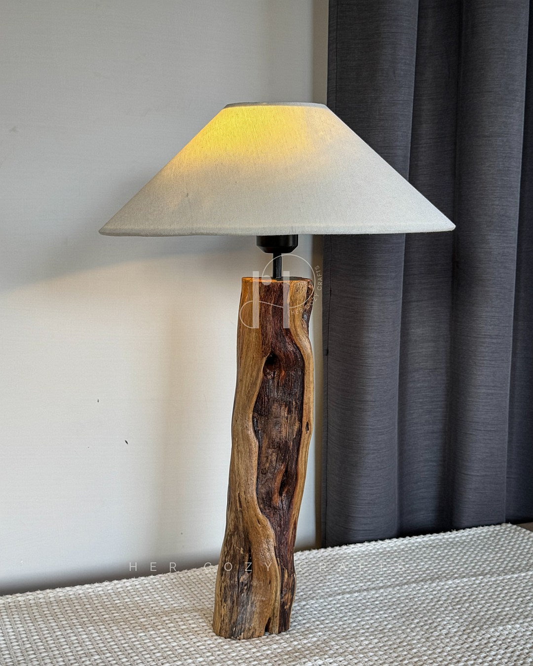 Natural Wood Column Lamp – Rustic Wooden Base with Linen Shade