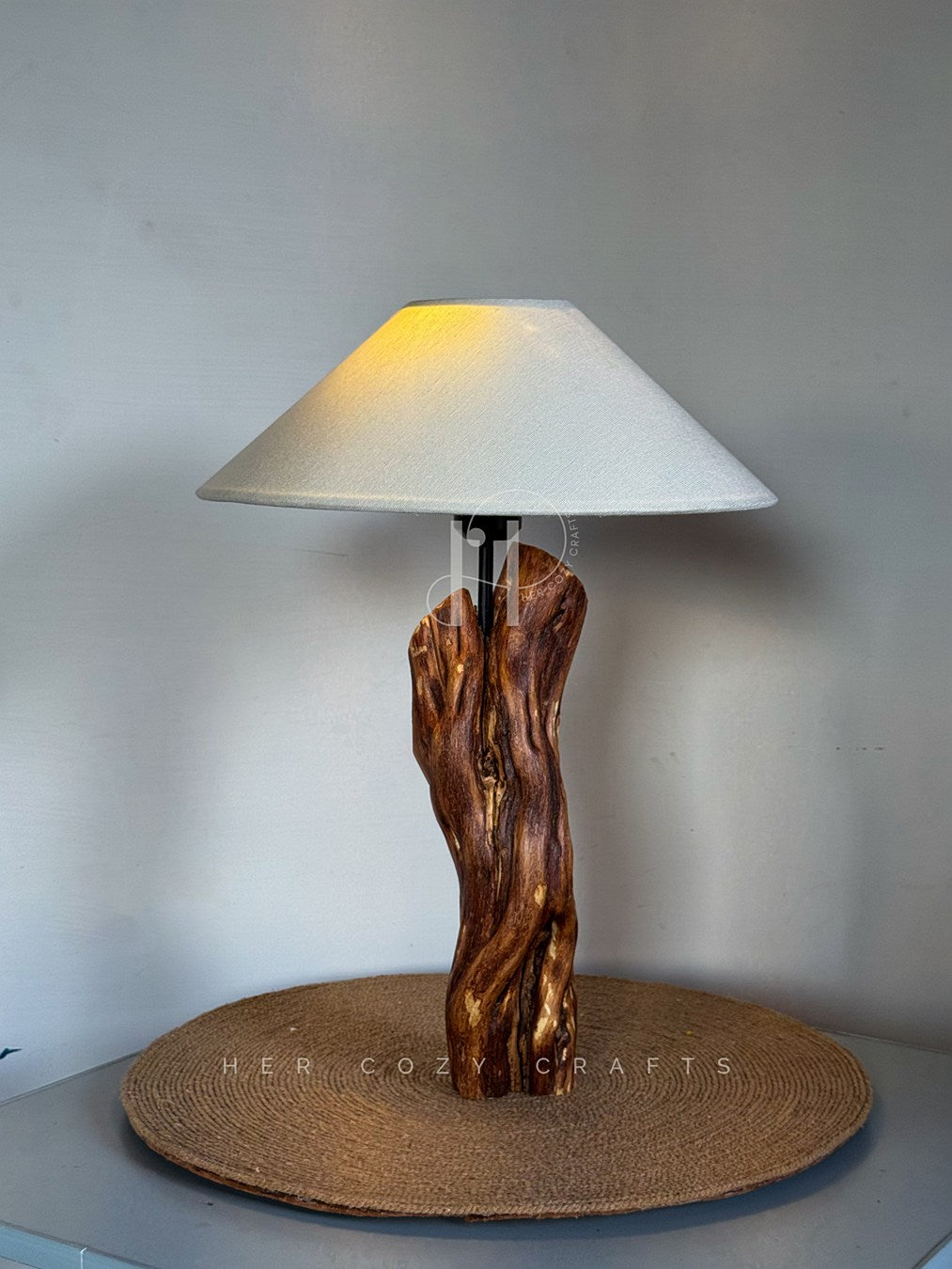 Willow Glow Lamp – Sculptural Wooden Base with Off-White Fabric Shade