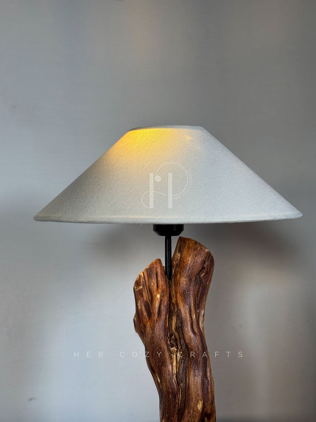 Willow Glow Lamp – Sculptural Wooden Base with Off-White Fabric Shade