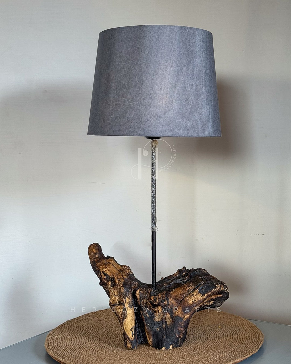 Branch Base Lamp – Sculptural Wooden Root with Charcoal Fabric Shade