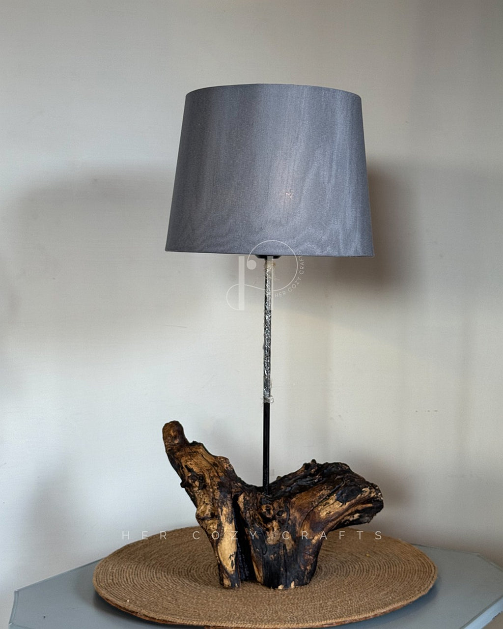 Branch Base Lamp – Sculptural Wooden Root with Charcoal Fabric Shade