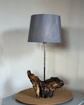 Branch Base Lamp – Sculptural Wooden Root with Charcoal Fabric Shade