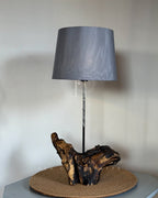 Branch Base Lamp – Sculptural Wooden Root with Charcoal Fabric Shade