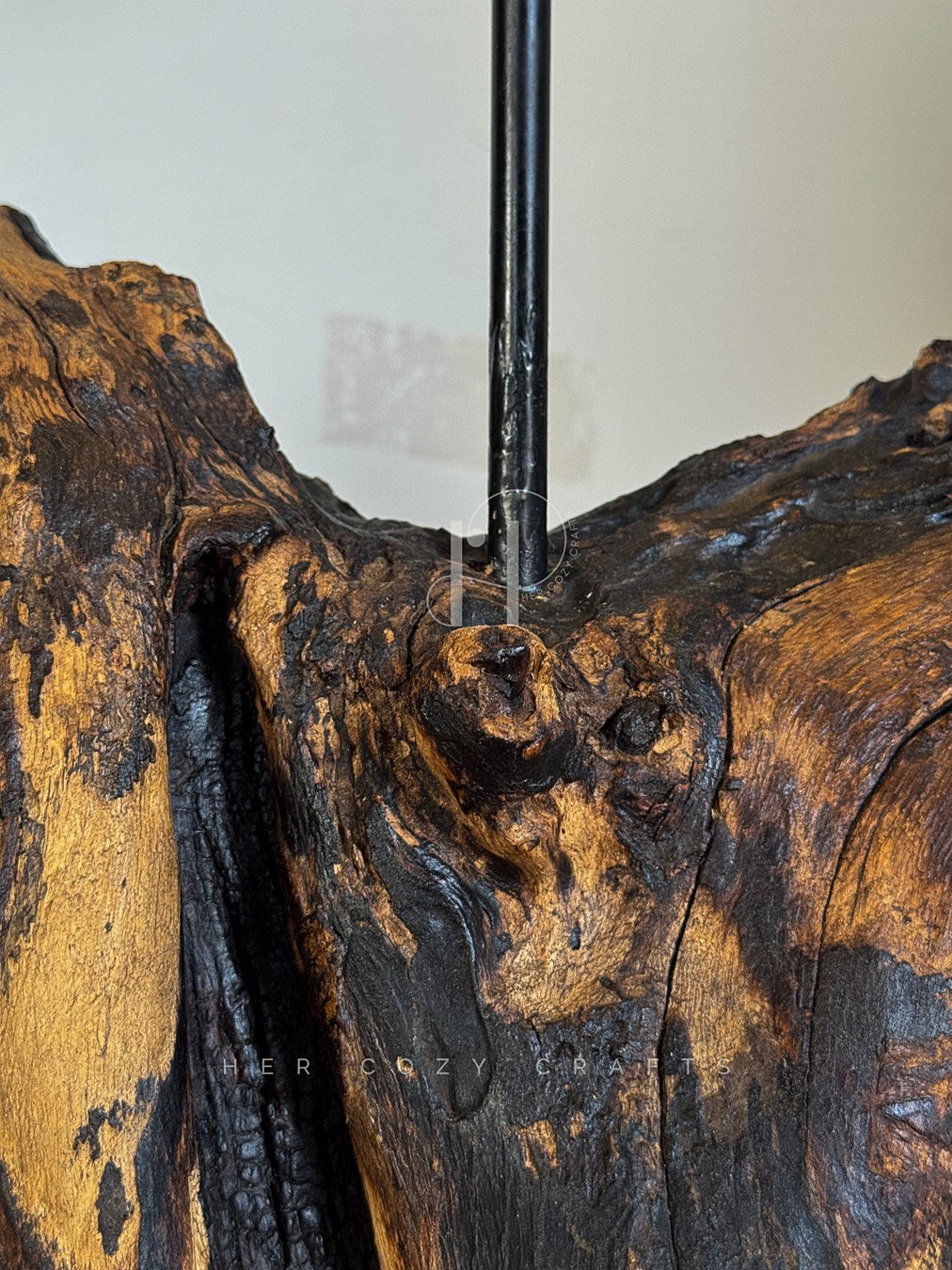 Branch Base Lamp – Sculptural Wooden Root with Charcoal Fabric Shade