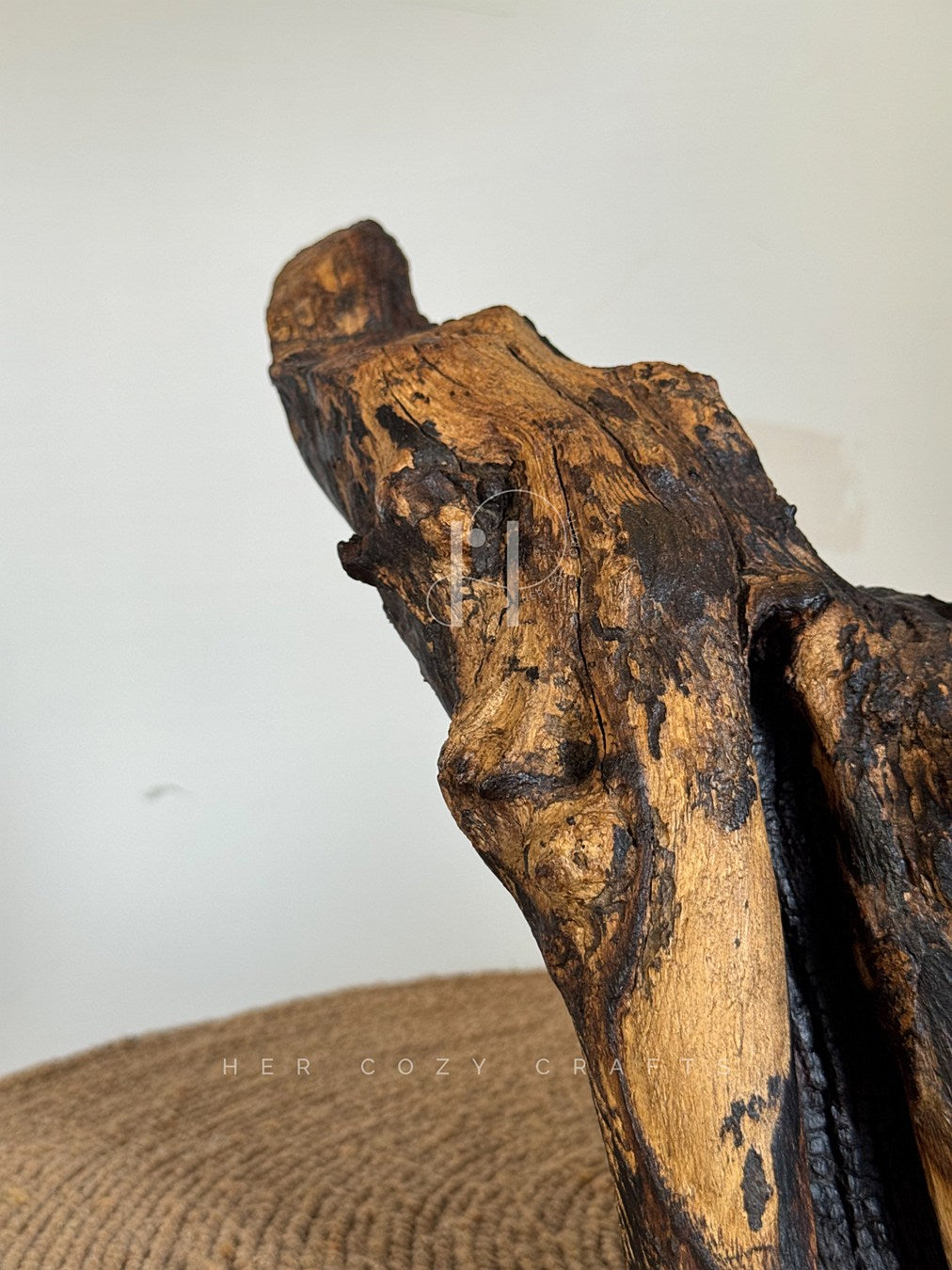 Branch Base Lamp – Sculptural Wooden Root with Charcoal Fabric Shade