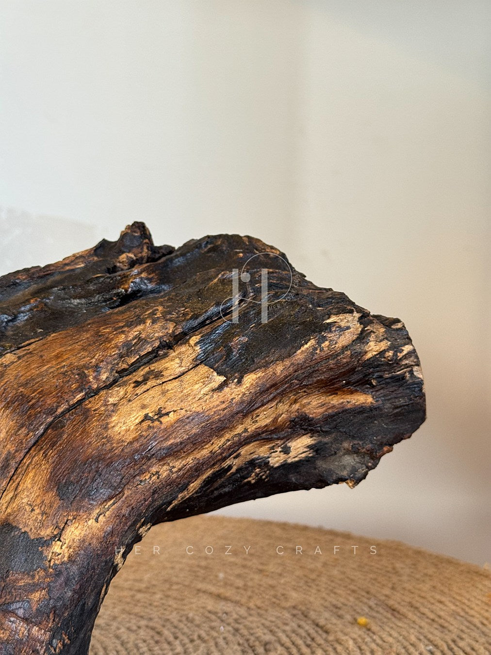 Branch Base Lamp – Sculptural Wooden Root with Charcoal Fabric Shade