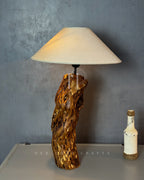 Root Glow Lamp – Sculptural Wooden Base with Off-White Fabric Shade
