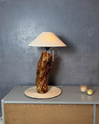 Root Glow Lamp – Sculptural Wooden Base with Off-White Fabric Shade