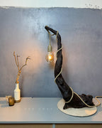 Branch Glow Lamp – Sculptural Curved Wood Base with Hanging Glass Bulb