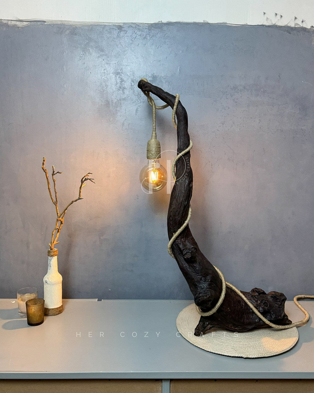Branch Glow Lamp – Sculptural Curved Wood Base with Hanging Glass Bulb