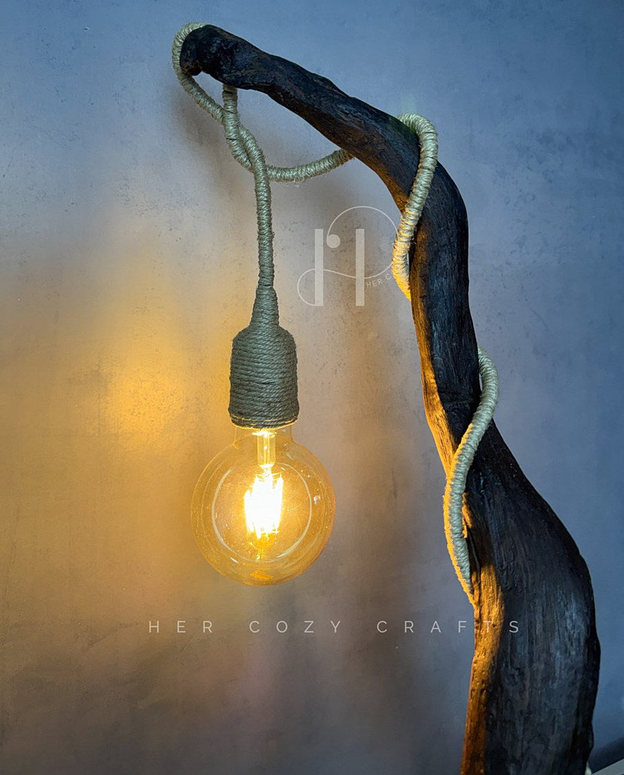 Branch Glow Lamp – Sculptural Curved Wood Base with Hanging Glass Bulb