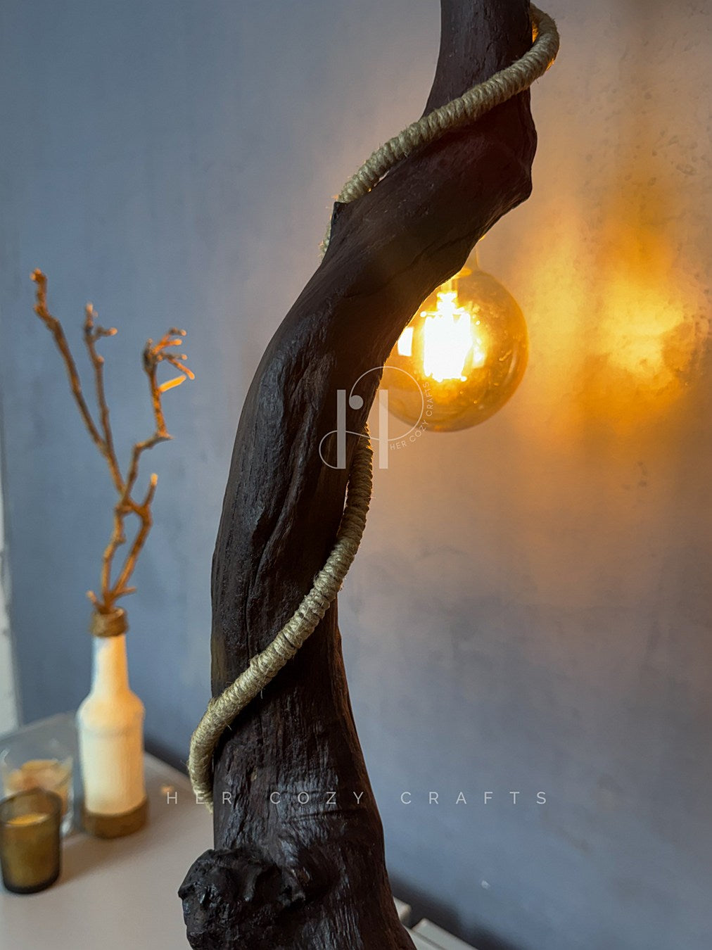 Branch Glow Lamp – Sculptural Curved Wood Base with Hanging Glass Bulb