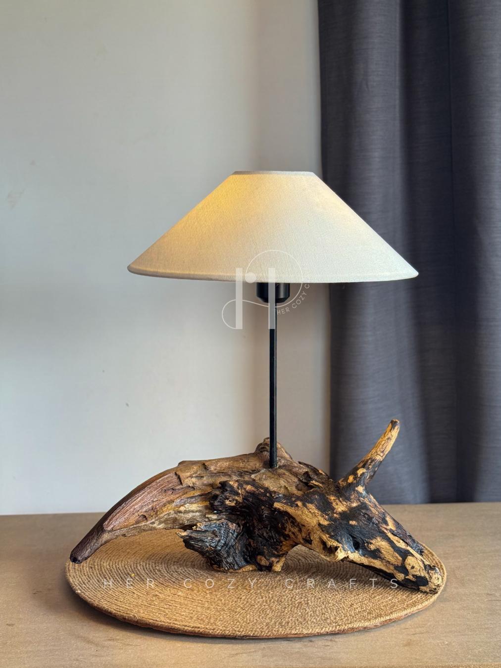 Wild Root Lamp – Organic Wood Base with Neutral Fabric Shade.