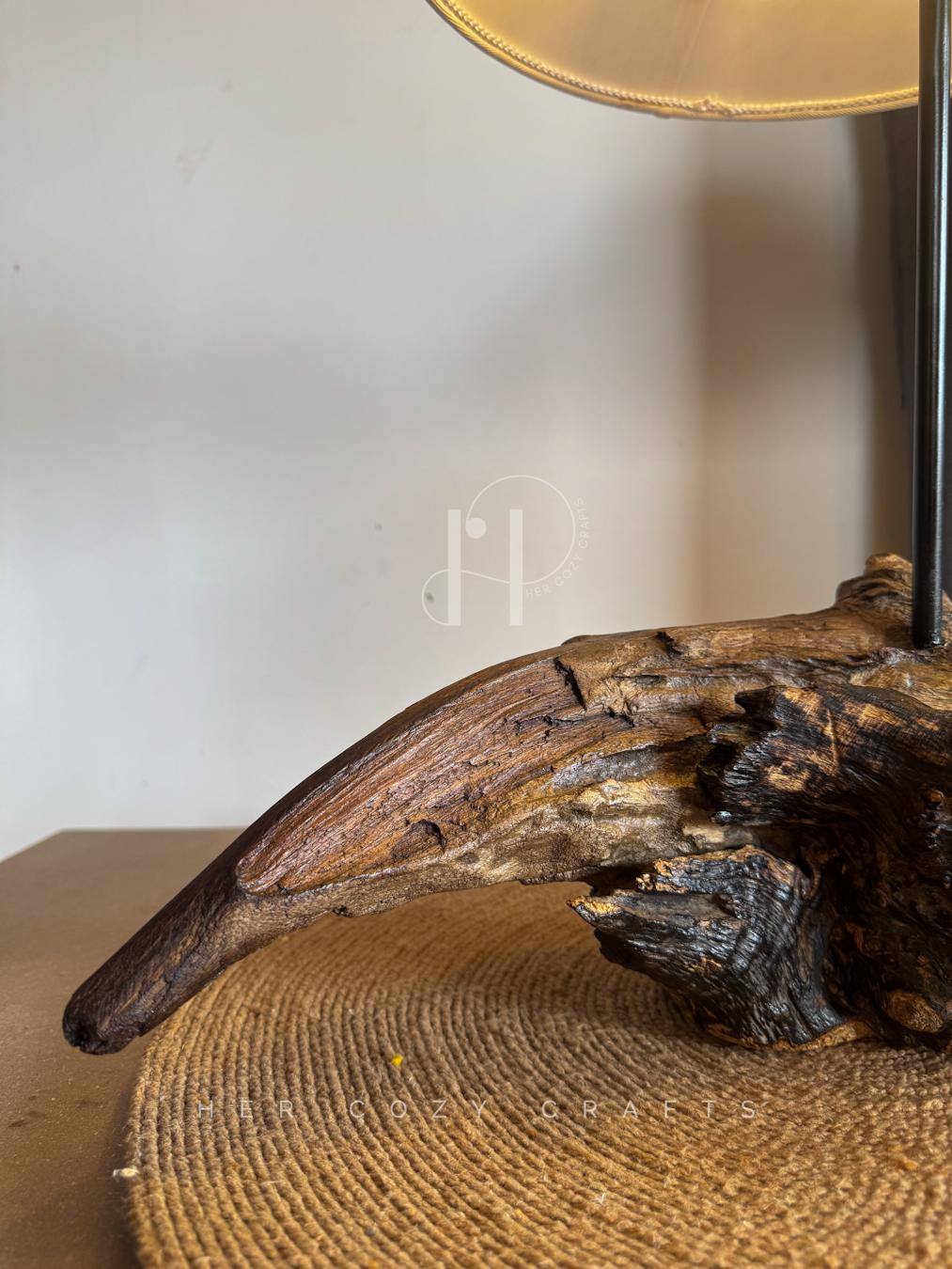 Wild Root Lamp – Organic Wood Base with Neutral Fabric Shade.