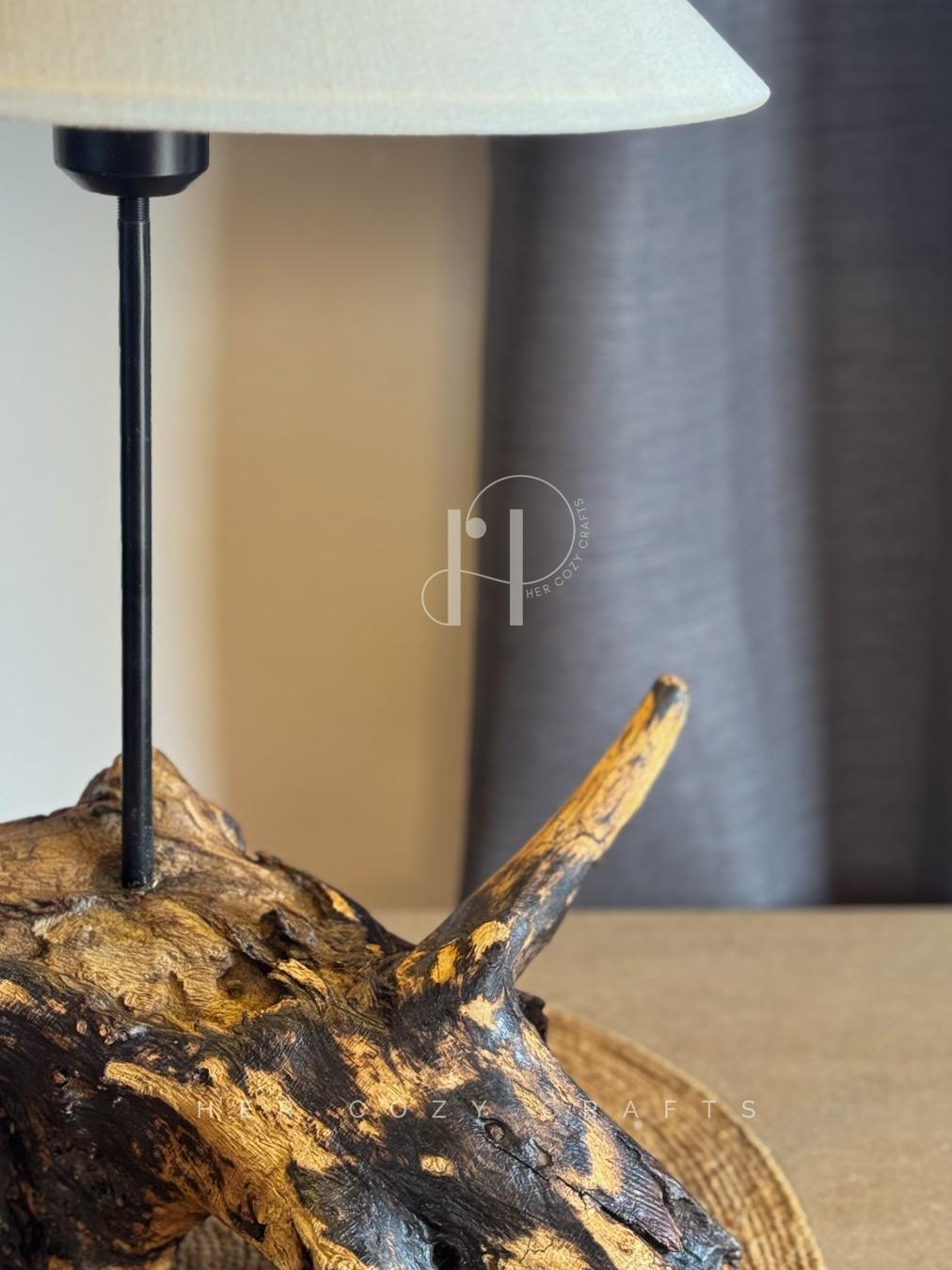 Wild Root Lamp – Organic Wood Base with Neutral Fabric Shade.
