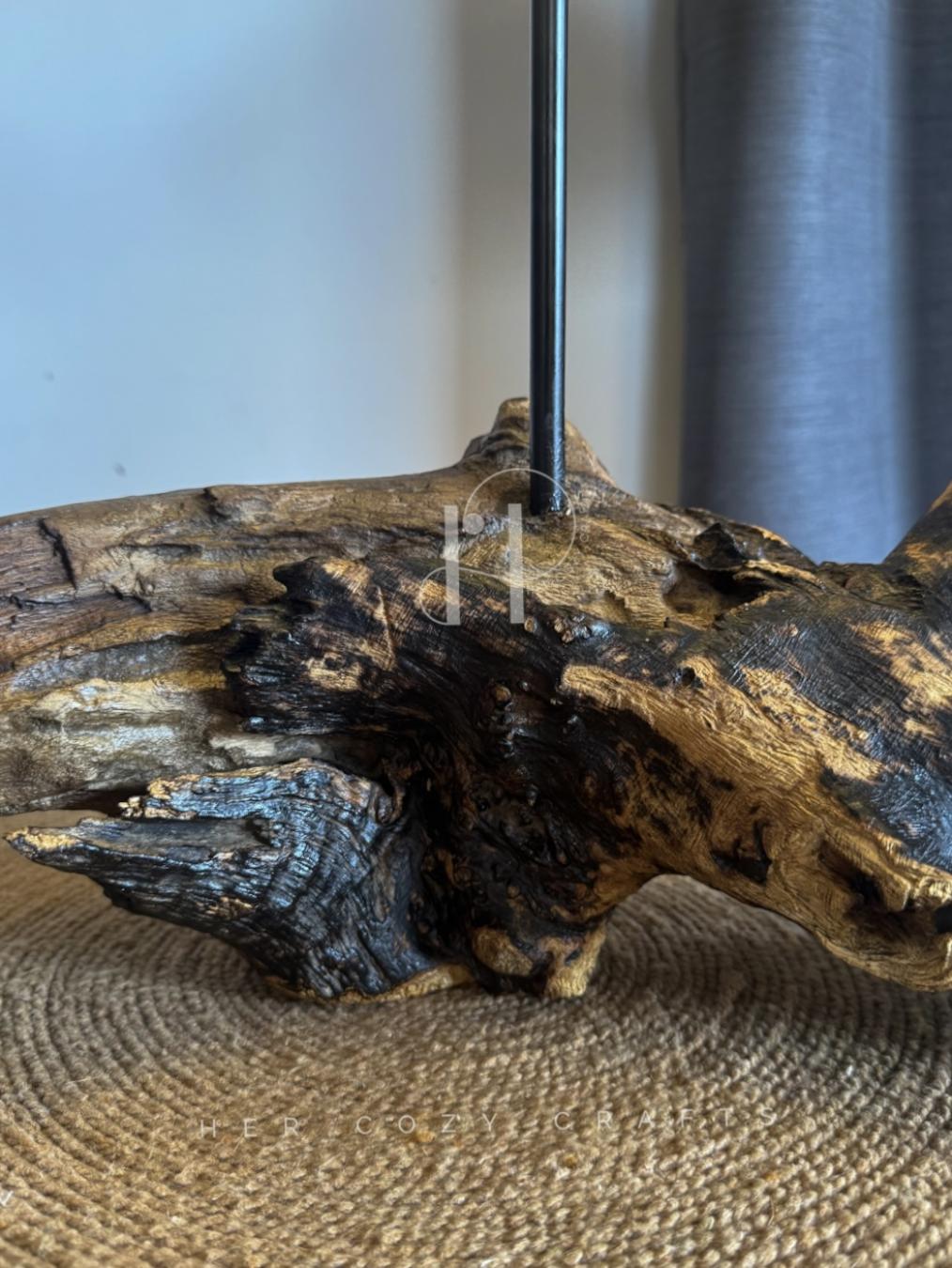 Wild Root Lamp – Organic Wood Base with Neutral Fabric Shade.