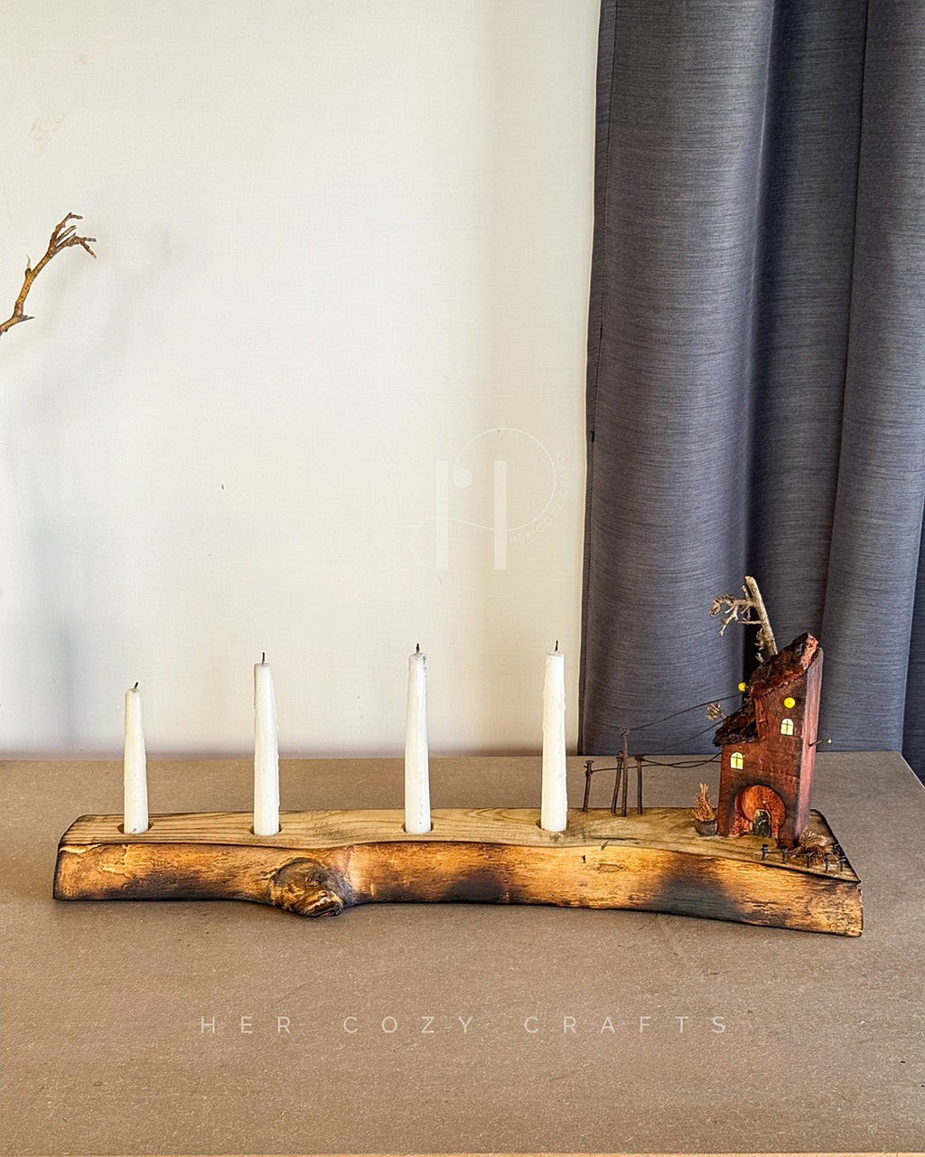 The long curved driftwood holder with 4 candles