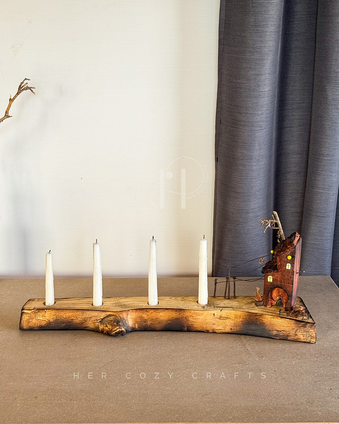 The long curved driftwood holder with 4 candles