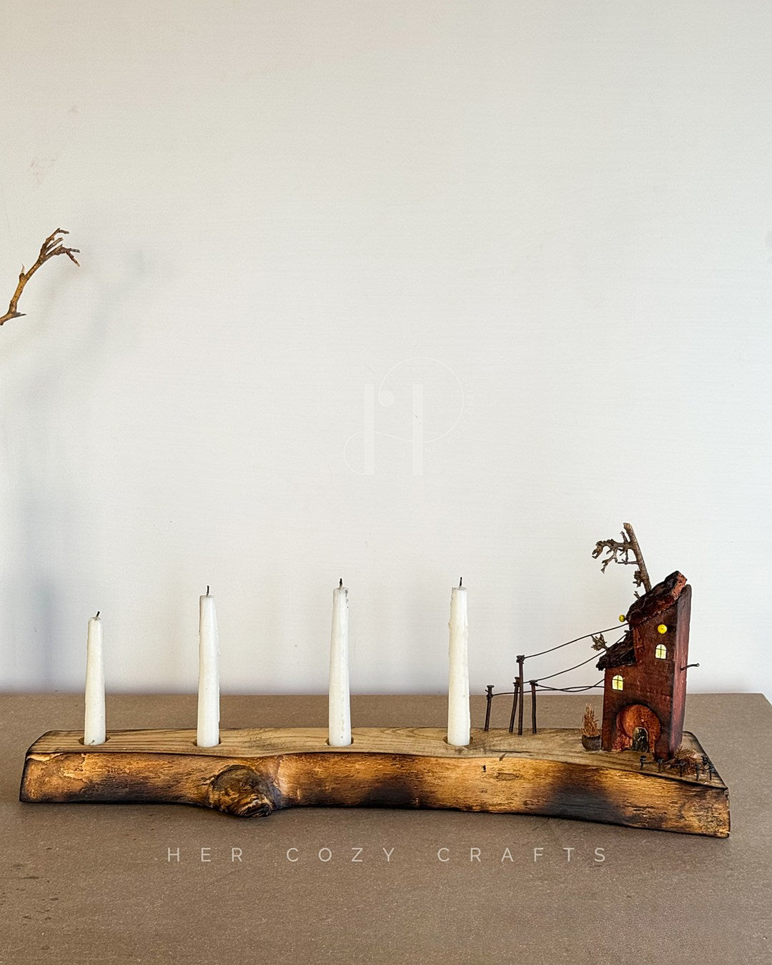 The long curved driftwood holder with 4 candles