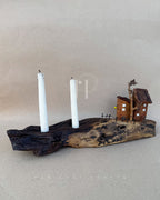 Driftwood Haven – Natural Wood Candle Holder with Miniature Cottage