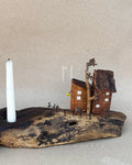 Driftwood Haven – Natural Wood Candle Holder with Miniature Cottage