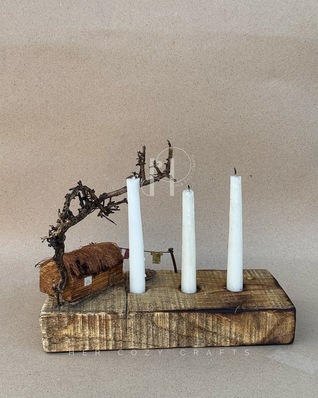 Woodland Trio – Rustic Wooden Candle Holder with Miniature Village