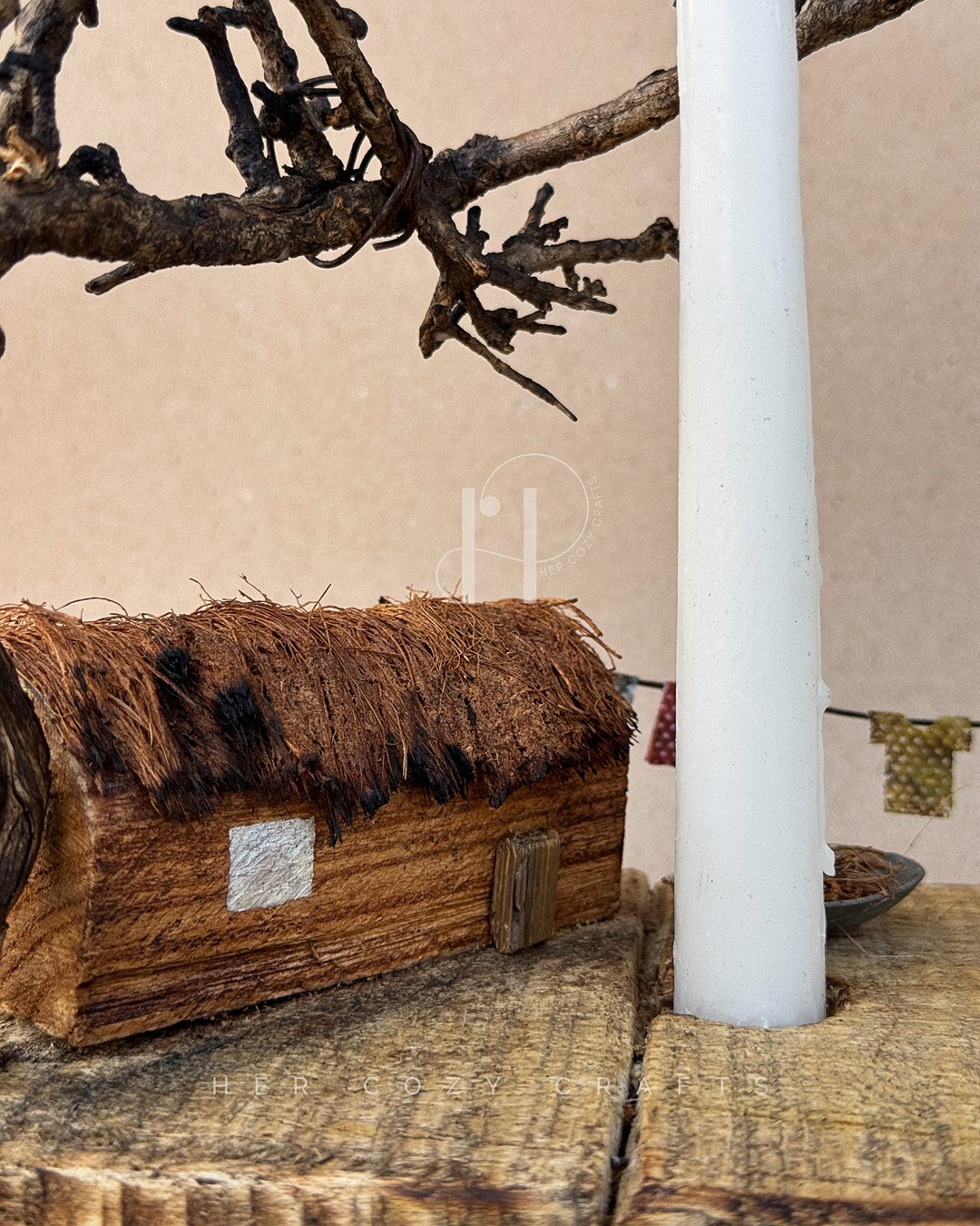 Woodland Trio – Rustic Wooden Candle Holder with Miniature Village
